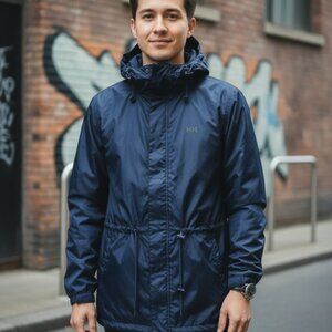 Helly Hansen | Navy Blue Drawstring Hooded Windbreaker Jacket | Parka Style [Siz